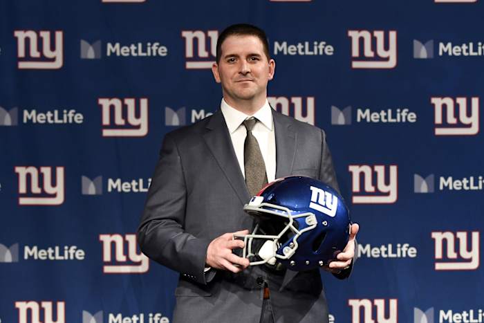 Jan 9, 2020; East Rutherford, New Jersey, USA; New York Giants new head coach Joe Judge poses for photos after his press conference at MetLife Stadium.